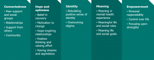 Connectedness: Peer support and social groups, Relationships, Support from others and Community. Hope and optimism: Belief in recovery, Motivation to change, Hope-inspiring relationships, Positive thinking and valuing effort and Having dreams and aspirations. Identity: Rebuilding positive sense of identity and Overcoming stigma. Meaning: Meaning in mental health experience and Meaningful life, social roles and social goals. Empowerment: Personal responsibility, Control over life and Focusing upon strengths.